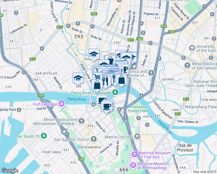 map of restaurants, bars, coffee shops, grocery stores, and more near 320 Yuchengco Street in Manila
