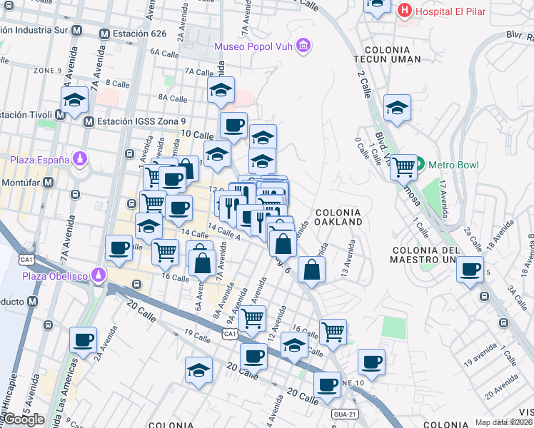 map of restaurants, bars, coffee shops, grocery stores, and more near 13-01 Diagonal 6 in Ciudad de Guatemala