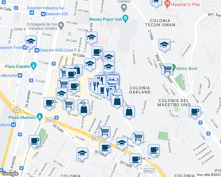 map of restaurants, bars, coffee shops, grocery stores, and more near 13-01 Diagonal 6 in Ciudad de Guatemala