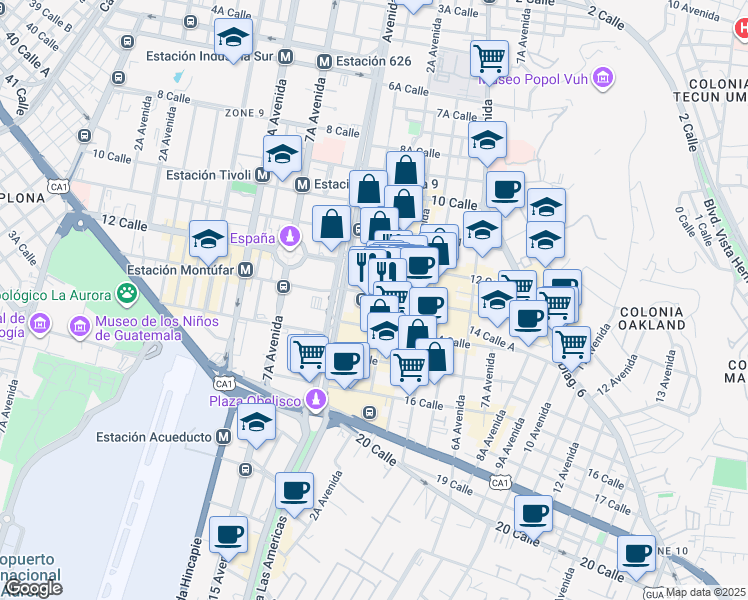map of restaurants, bars, coffee shops, grocery stores, and more near 13 Calle in Guatemala