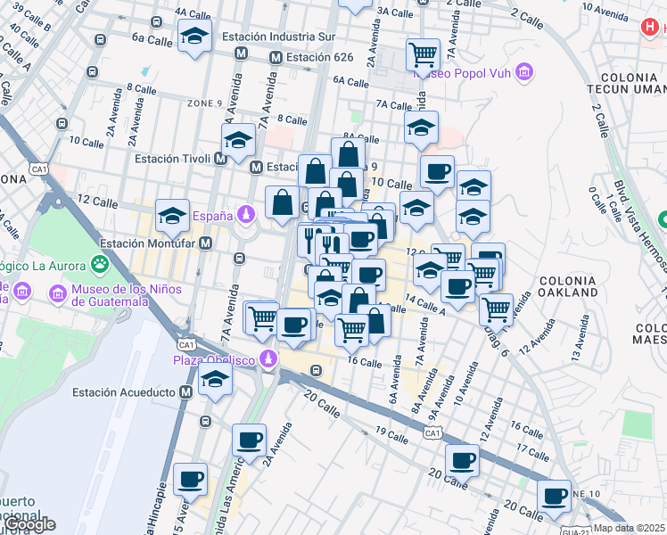 map of restaurants, bars, coffee shops, grocery stores, and more near 2 Avenida in Guatemala