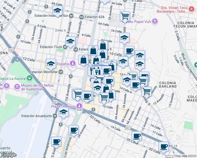 map of restaurants, bars, coffee shops, grocery stores, and more near 2 Avenida in Guatemala
