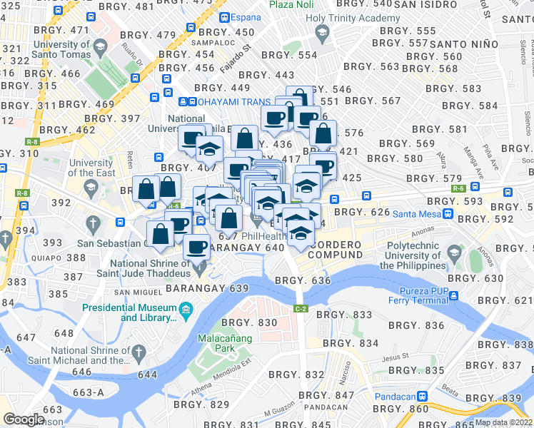 map of restaurants, bars, coffee shops, grocery stores, and more near Ramon Magsaysay Boulevard in Manila