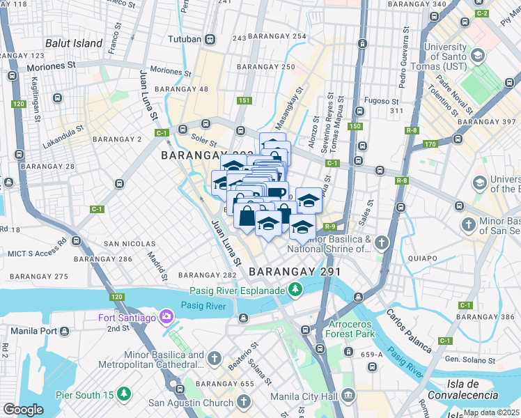 map of restaurants, bars, coffee shops, grocery stores, and more near Ongpin Street in Manila