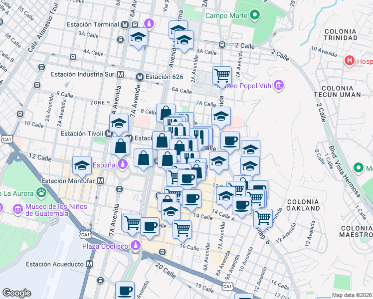 map of restaurants, bars, coffee shops, grocery stores, and more near 13-78 3 Avenida in Ciudad de Guatemala