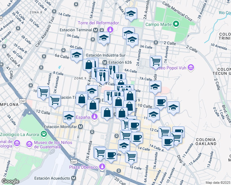 map of restaurants, bars, coffee shops, grocery stores, and more near Avenida La Reforma in Guatemala City