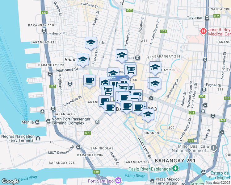 map of restaurants, bars, coffee shops, grocery stores, and more near 952 Juan Luna Street in Manila