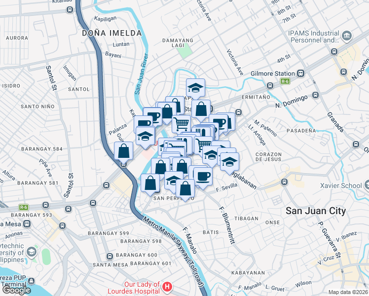 map of restaurants, bars, coffee shops, grocery stores, and more near Pedestrian path from pay parking to Pioneer Street in Mandaluyong City