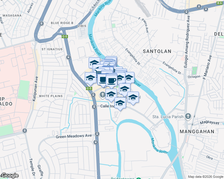 map of restaurants, bars, coffee shops, grocery stores, and more near Eastwood Palm Tree Avenue in Quezon City