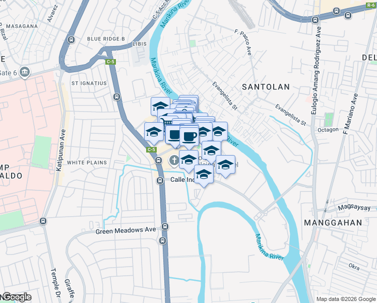 map of restaurants, bars, coffee shops, grocery stores, and more near Eastwood Palm Tree Avenue in Quezon City