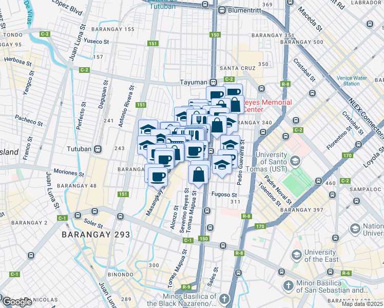 map of restaurants, bars, coffee shops, grocery stores, and more near Bambang Street in Manila