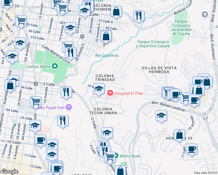 map of restaurants, bars, coffee shops, grocery stores, and more near 3A Calle in Guatemala City