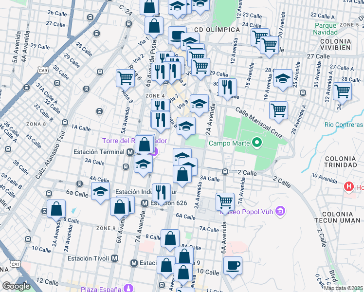 map of restaurants, bars, coffee shops, grocery stores, and more near Avenida La Reforma in Guatemala City