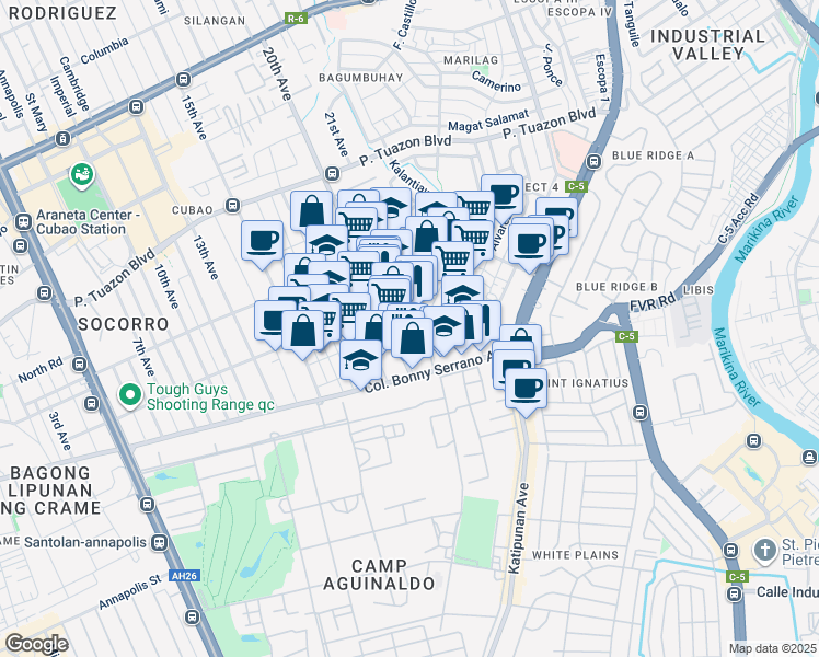 map of restaurants, bars, coffee shops, grocery stores, and more near 20 20th Avenue in Quezon City
