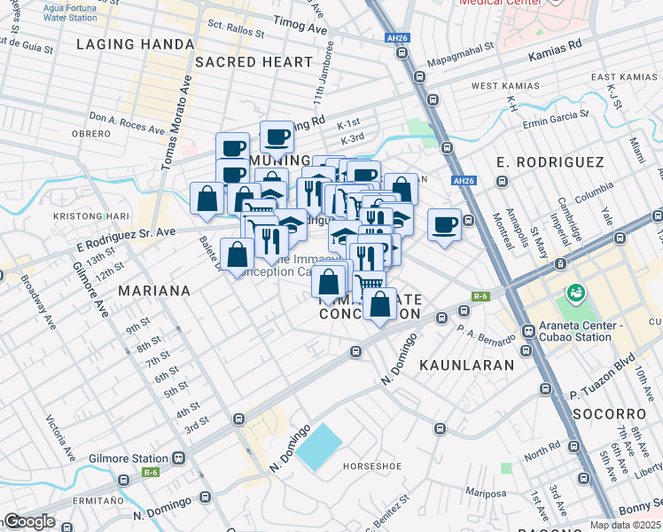 map of restaurants, bars, coffee shops, grocery stores, and more near Boston in Quezon City