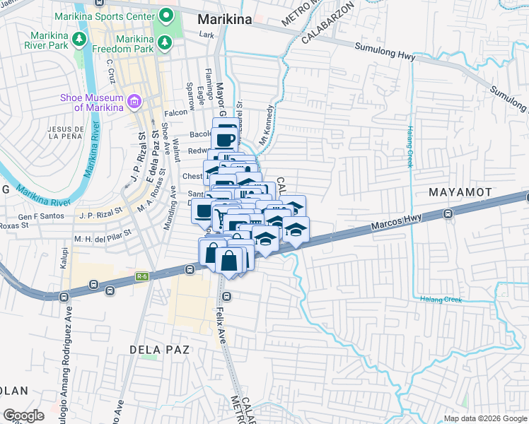 map of restaurants, bars, coffee shops, grocery stores, and more near Pambuli in Marikina City