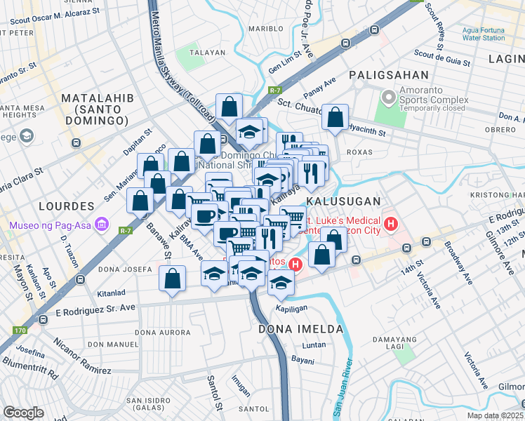 map of restaurants, bars, coffee shops, grocery stores, and more near Gregorio Araneta Avenue in Quezon City