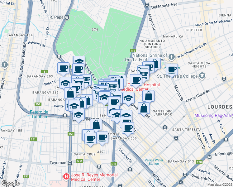 map of restaurants, bars, coffee shops, grocery stores, and more near Blumentritt in Manila
