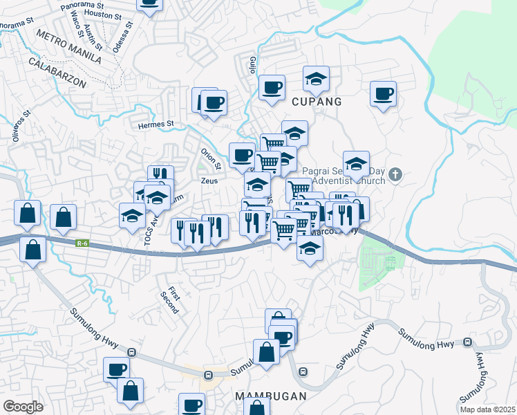 map of restaurants, bars, coffee shops, grocery stores, and more near Woodlands Avenue Palmera Homes Road in Antipolo City