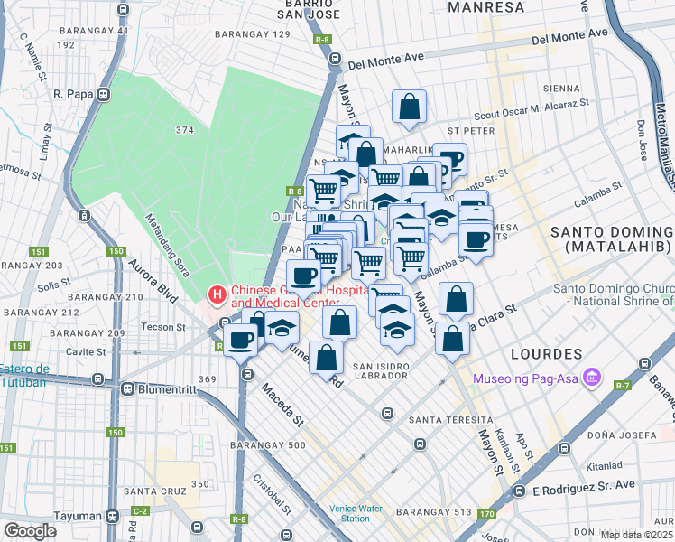 map of restaurants, bars, coffee shops, grocery stores, and more near 1114 N.S. Amoranto Sr. Street in Quezon City