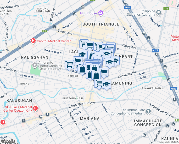 map of restaurants, bars, coffee shops, grocery stores, and more near 93 Scout Castor in Quezon City