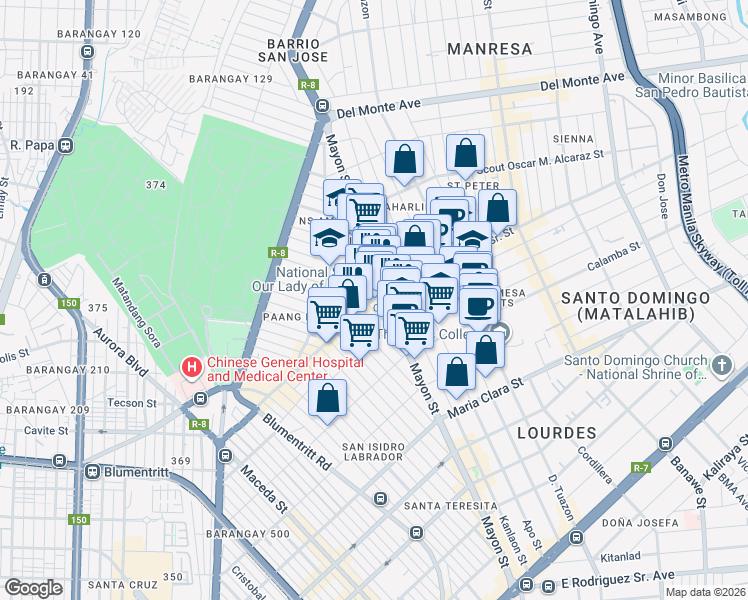 map of restaurants, bars, coffee shops, grocery stores, and more near 1114 N.S. Amoranto Sr. Street in Quezon City