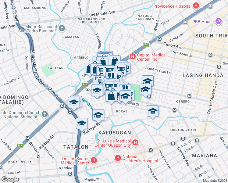 map of restaurants, bars, coffee shops, grocery stores, and more near Scout Ojeda in Quezon City