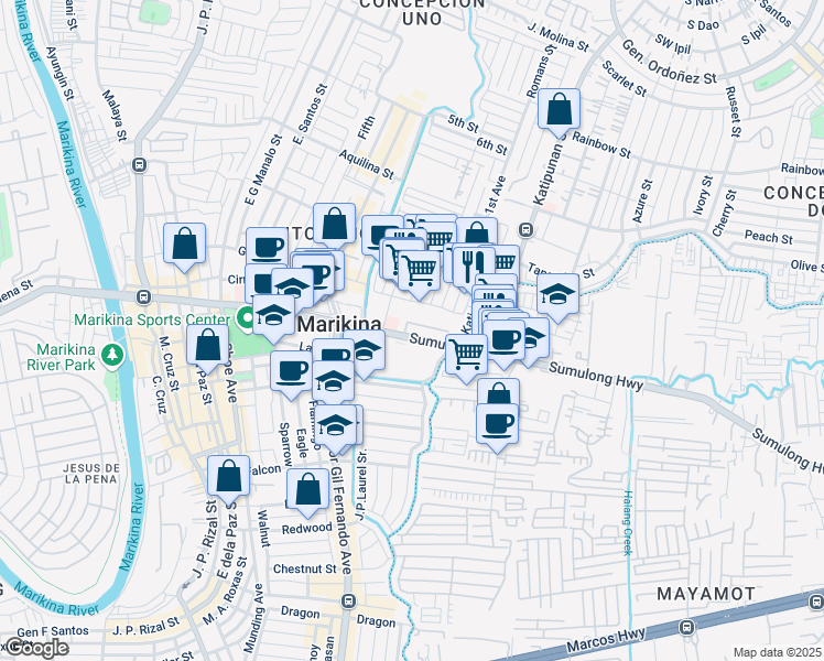 map of restaurants, bars, coffee shops, grocery stores, and more near Sumulong Highway in Marikina