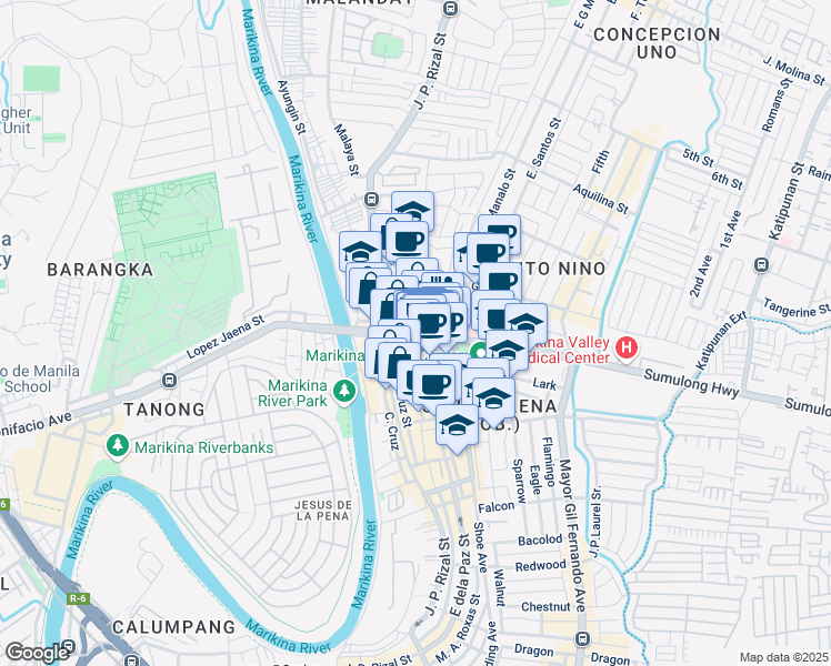 map of restaurants, bars, coffee shops, grocery stores, and more near 1800 Sumulong Highway in Marikina