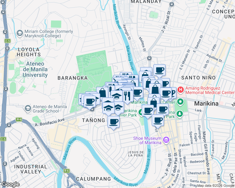 map of restaurants, bars, coffee shops, grocery stores, and more near 19 Halina Street in Quezon City