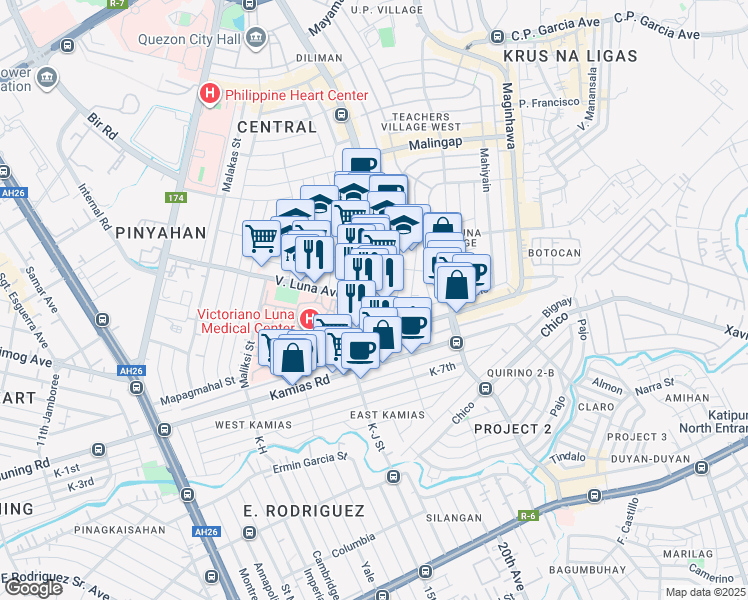 map of restaurants, bars, coffee shops, grocery stores, and more near 79 V. Luna Avenue in Quezon City