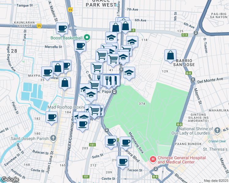 map of restaurants, bars, coffee shops, grocery stores, and more near Ricardo Papa Street in Manila
