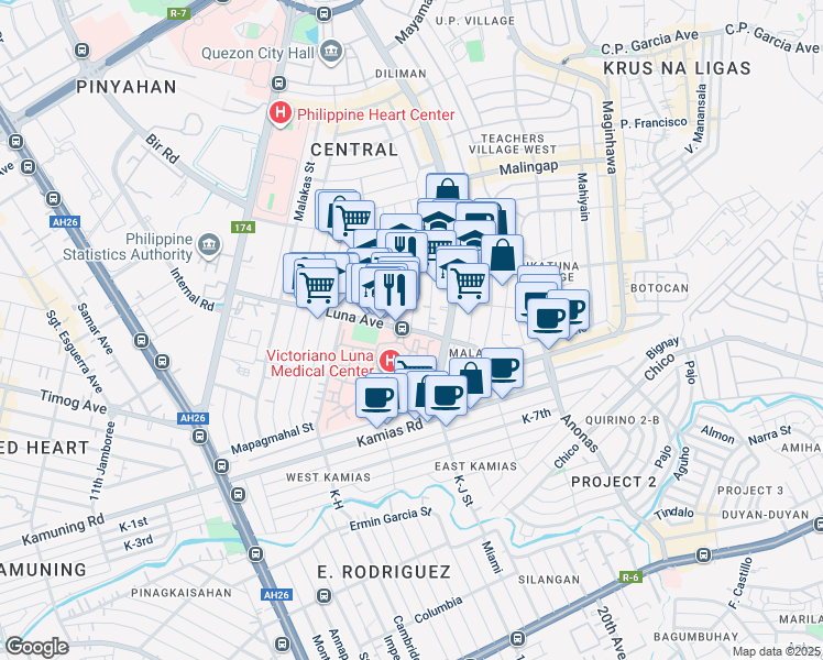 map of restaurants, bars, coffee shops, grocery stores, and more near V. Luna Avenue in Quezon City