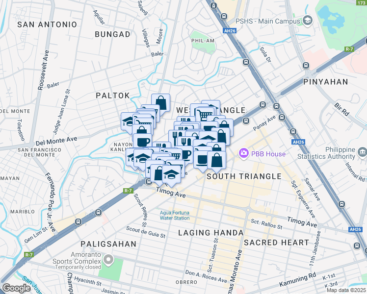 map of restaurants, bars, coffee shops, grocery stores, and more near 3 West 4th in Lungsod Quezon