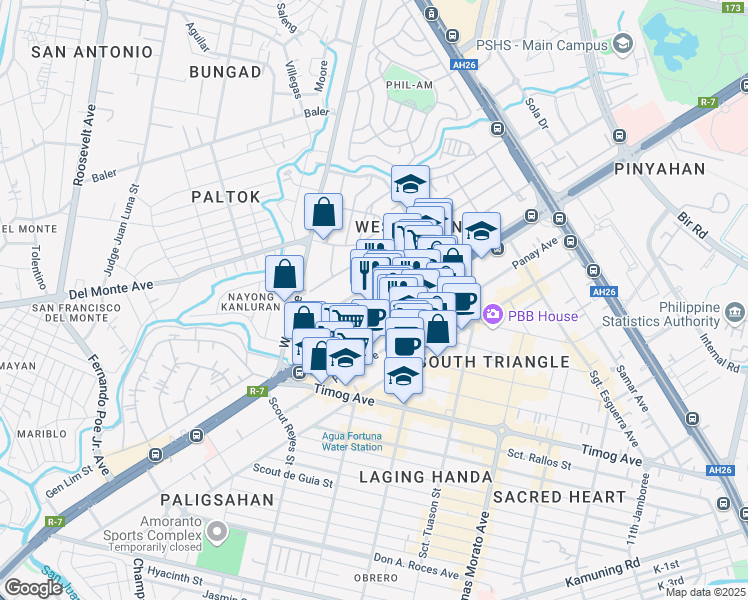 map of restaurants, bars, coffee shops, grocery stores, and more near 3 West 4th in Lungsod Quezon
