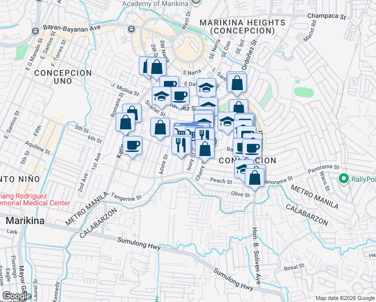 map of restaurants, bars, coffee shops, grocery stores, and more near Rainbow Street in Marikina