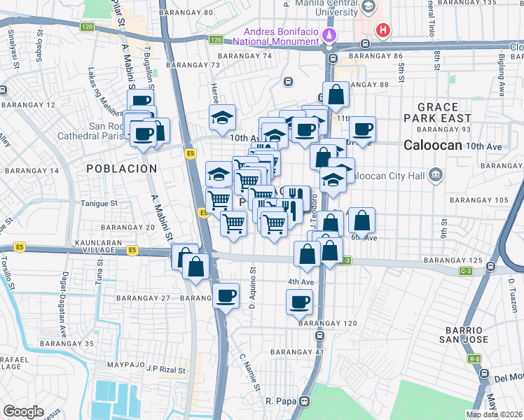 map of restaurants, bars, coffee shops, grocery stores, and more near 7th Avenue in Caloocan