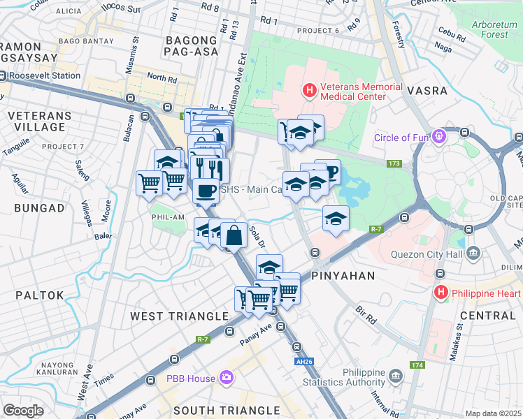 map of restaurants, bars, coffee shops, grocery stores, and more near Vertis Drive in Quezon City