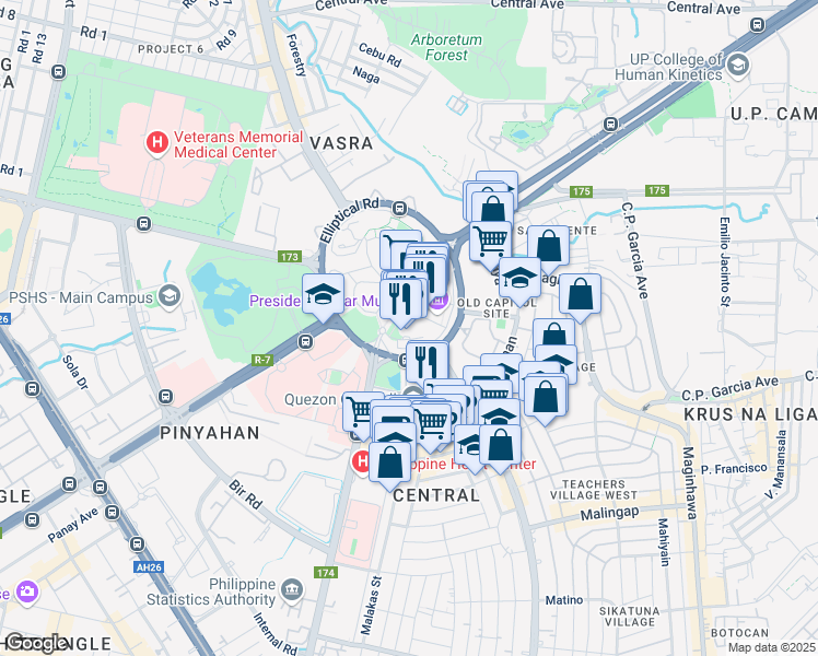 map of restaurants, bars, coffee shops, grocery stores, and more near Quezon Memorial Circle Elliptical Road Underpass in Quezon City
