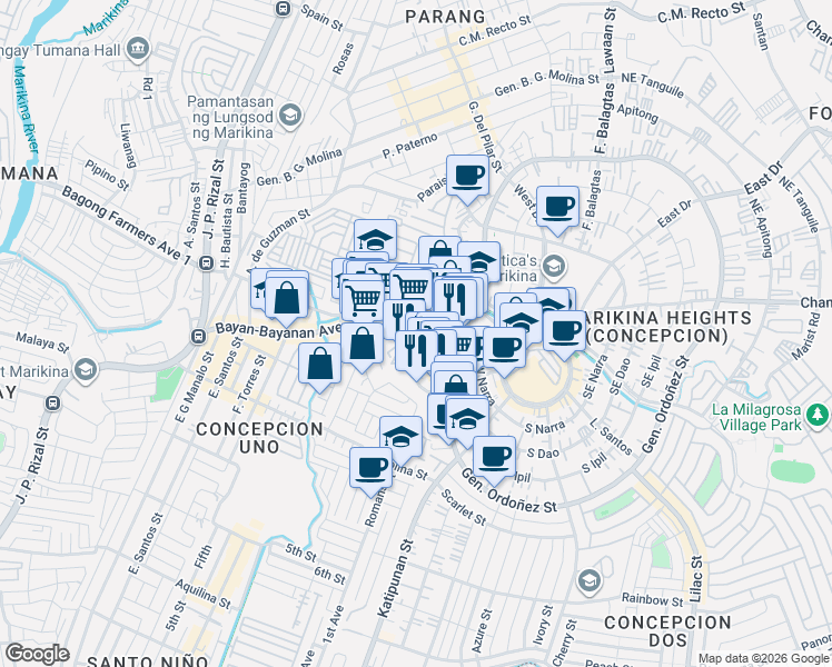 map of restaurants, bars, coffee shops, grocery stores, and more near in Marikina