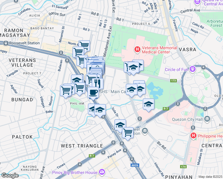 map of restaurants, bars, coffee shops, grocery stores, and more near Vertis Drive in Quezon City