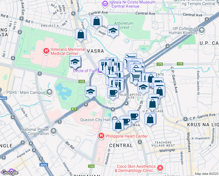 map of restaurants, bars, coffee shops, grocery stores, and more near Elliptical Road in Quezon City