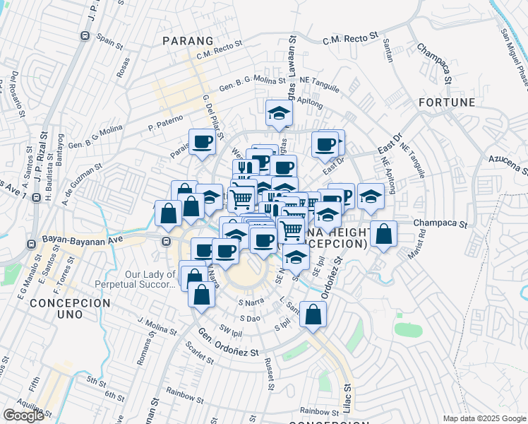 map of restaurants, bars, coffee shops, grocery stores, and more near 29 West Drive East Drive in Marikina City