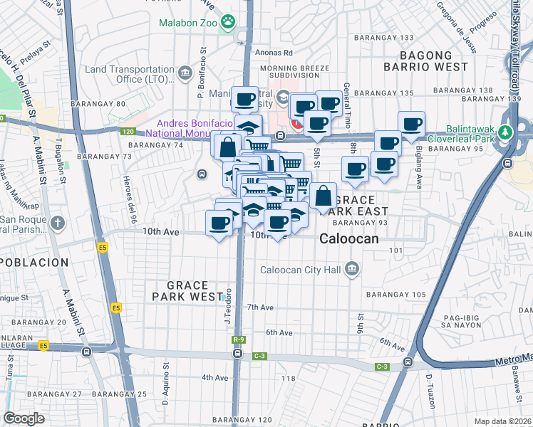 map of restaurants, bars, coffee shops, grocery stores, and more near 2649 11th Avenue in Caloocan