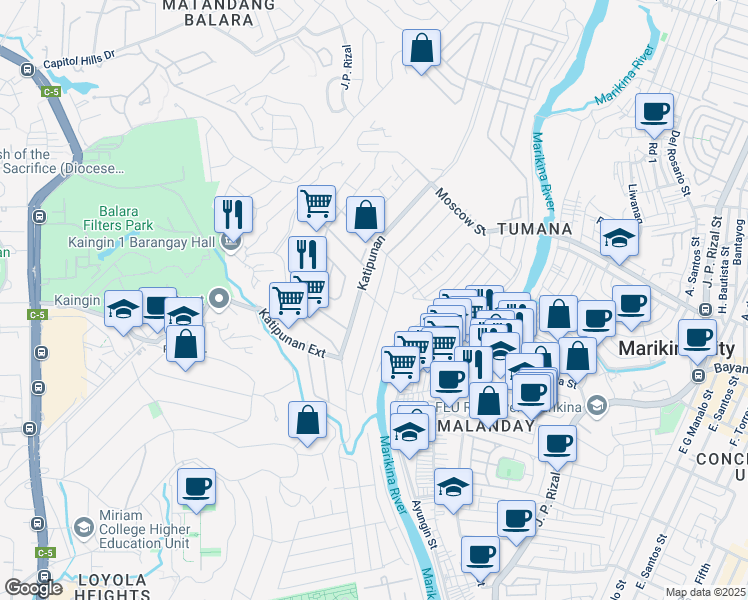 map of restaurants, bars, coffee shops, grocery stores, and more near Brazil in Marikina City