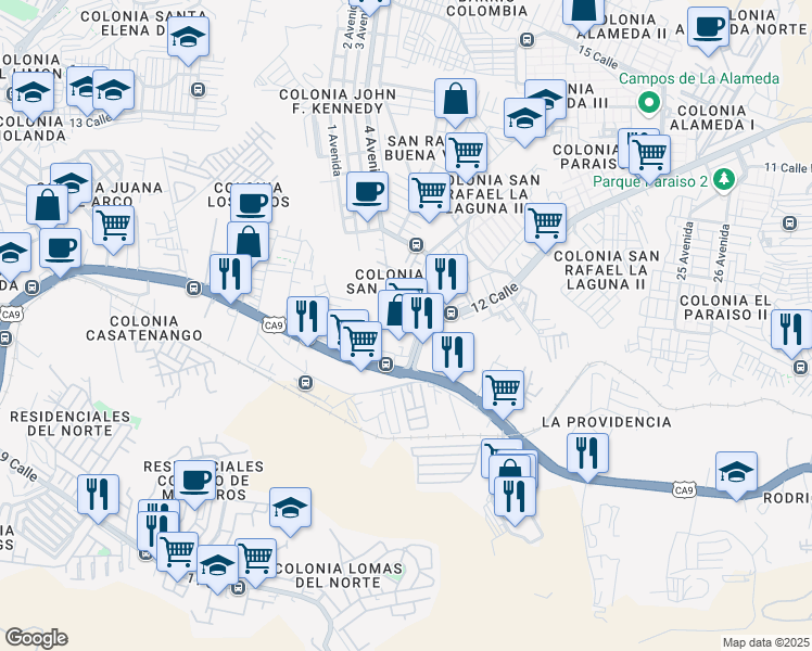 map of restaurants, bars, coffee shops, grocery stores, and more near 3 calle 5 Avenida in Ciudad de Guatemala