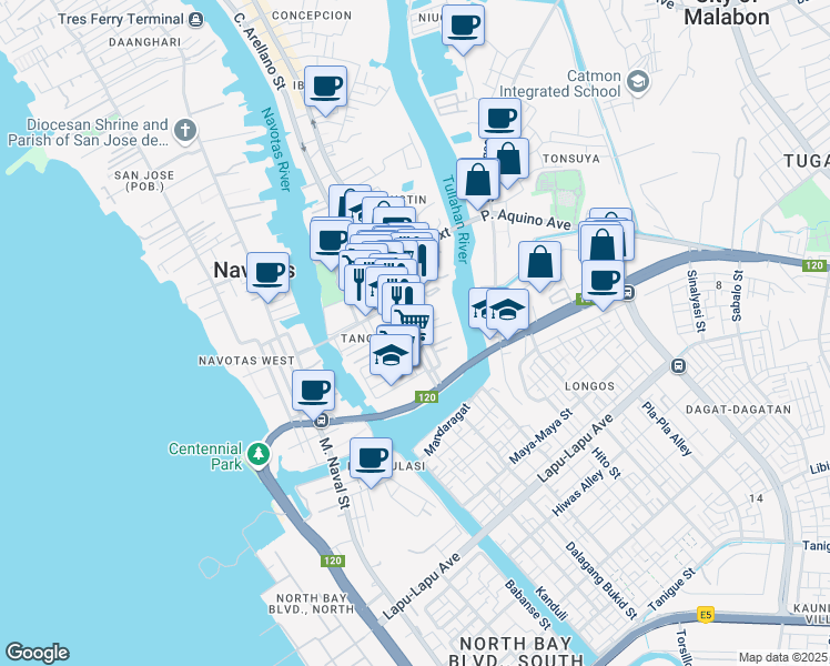 map of restaurants, bars, coffee shops, grocery stores, and more near Manapat Street in Malabon City