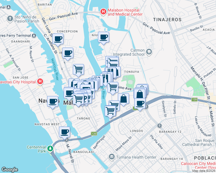 map of restaurants, bars, coffee shops, grocery stores, and more near Tonsuya Bridge in Malabon City