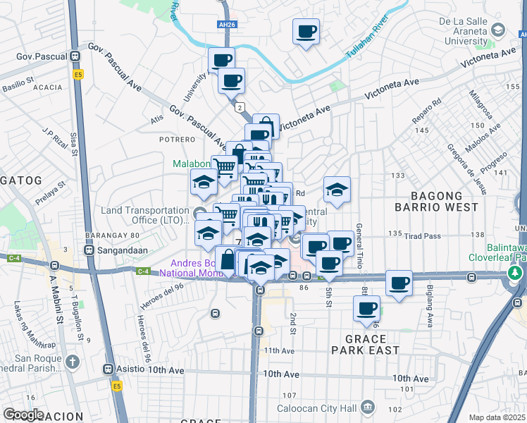 map of restaurants, bars, coffee shops, grocery stores, and more near 4 MacArthur Highway in City of Malabon