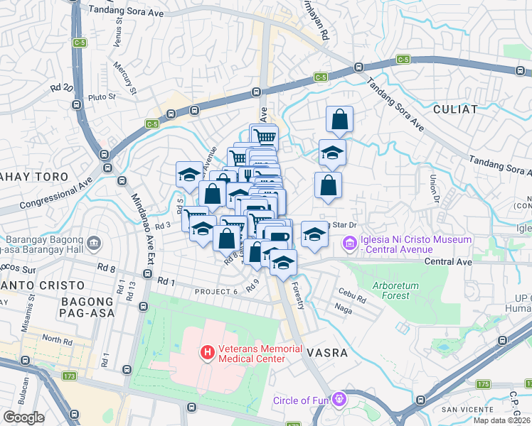 map of restaurants, bars, coffee shops, grocery stores, and more near Visayas Avenue in Quezon City